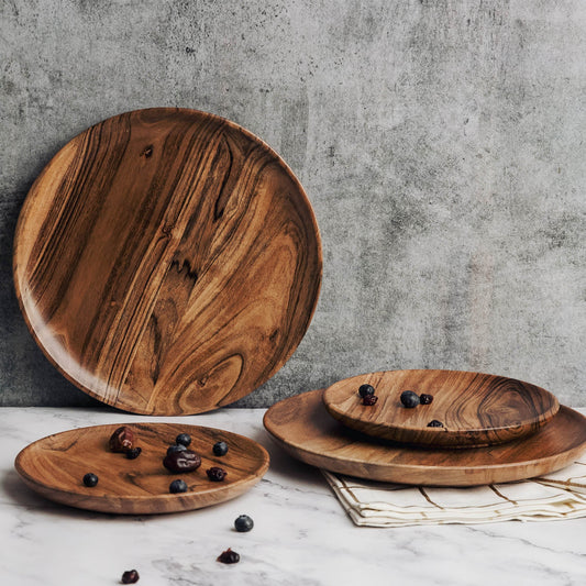 Dune Acacia Wood Plate Set | 4-Piece Nested Serving Set | 2 Small & 2 Large