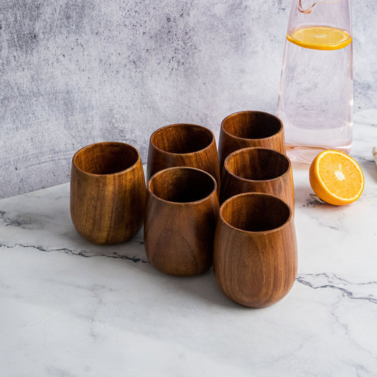 Azulik Sheesham Wood Glass Set | Handcrafted Wooden Tumbler Set of 6