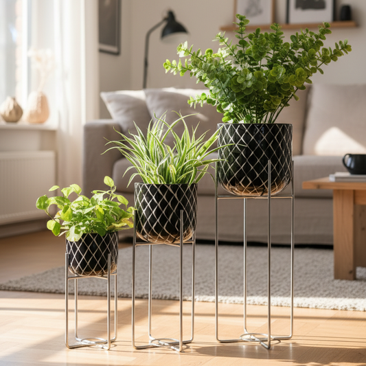 Patterned Round Plant Pots on Metal Stands Set of 3