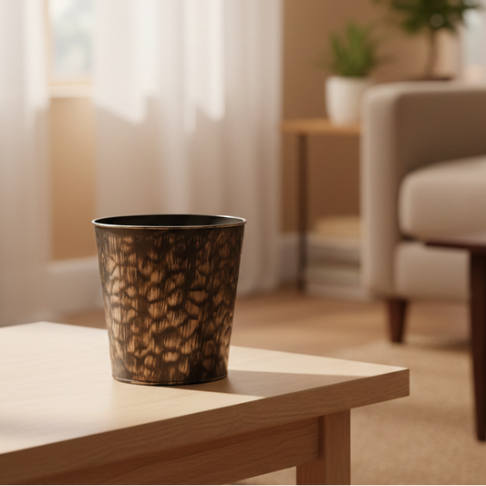 Decorative pot on a table with a blurred living room background