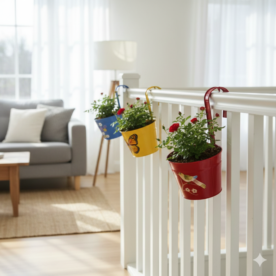 Colorful flower pots hanging on a white railing in a living room.
