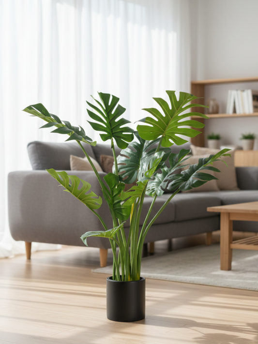 Potted plant in a living room with a gray sofa and wooden coffee table.