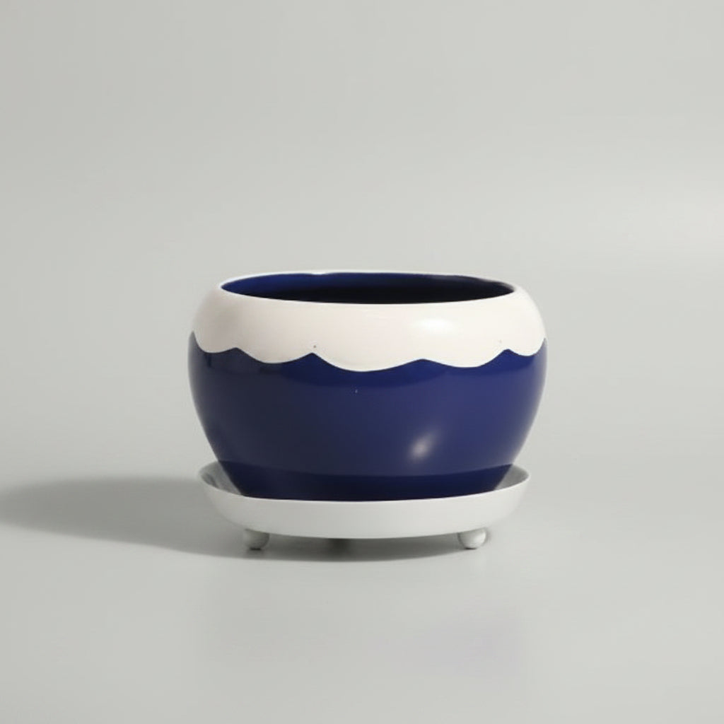 Round Glossy Metal Planter with Tray – Multicolor