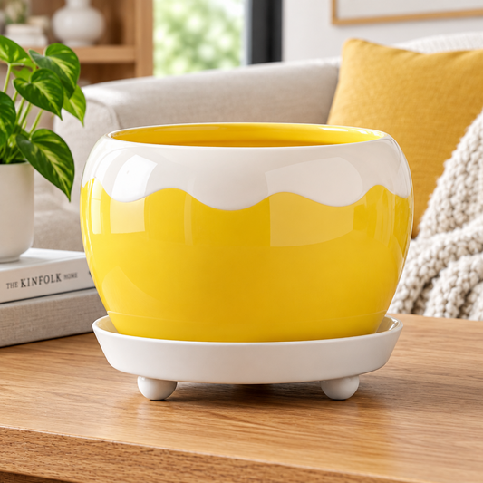 Yellow planter with a white base on a white background