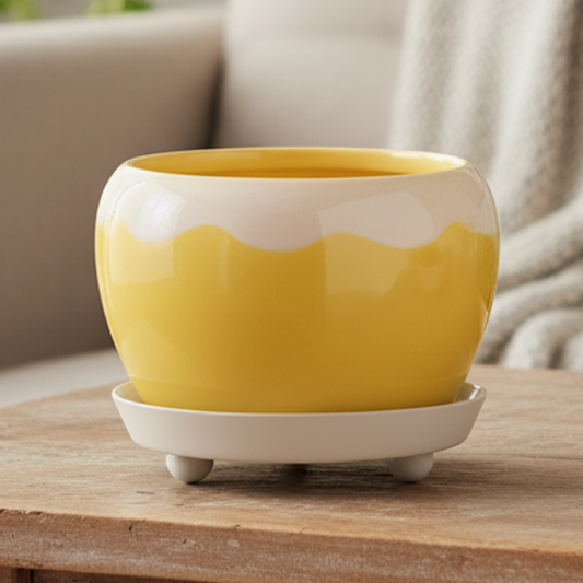 Yellow planter with a white base on a white background