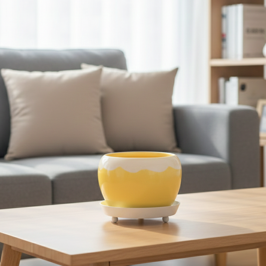 Yellow planter on a wooden table with a gray sofa and books in the background