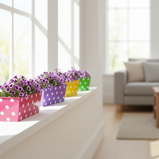 Colorful polka dot planters with flowers on a windowsill in a bright living room.