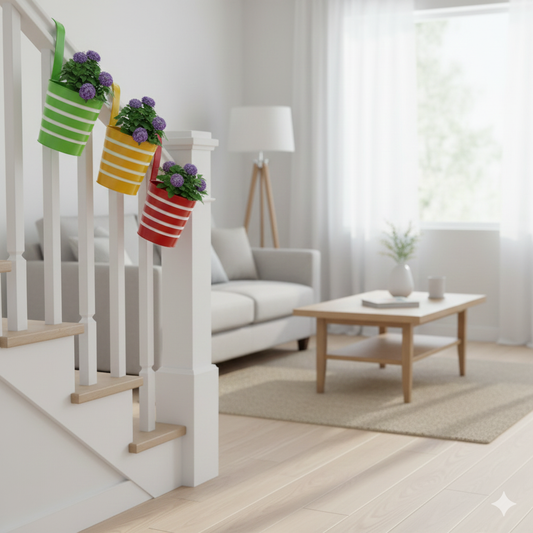 Colorful striped planters with flowers on a staircase railing in a living room.