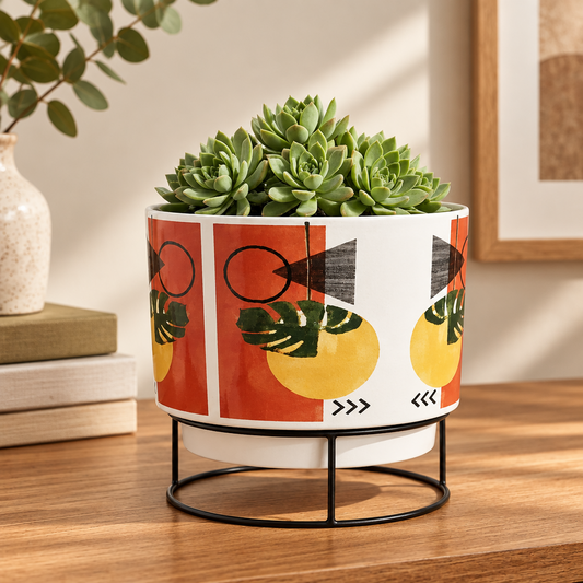Printed Metal Planter with Circular Black Stand