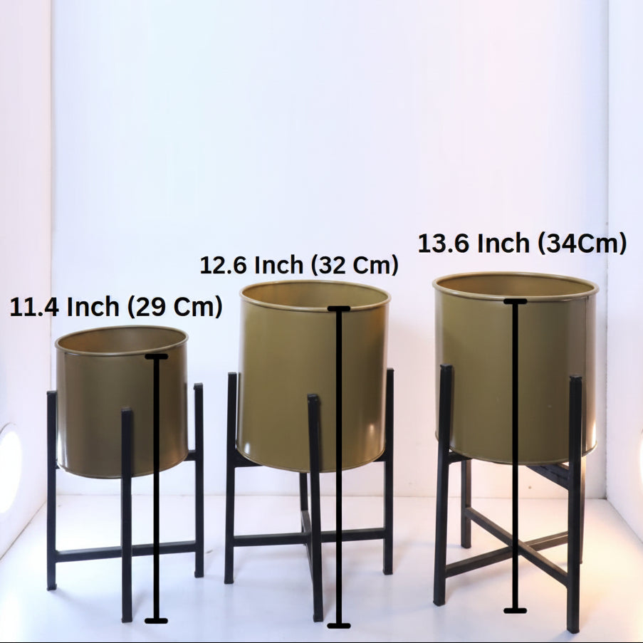 Set of 3 Modern Gold Cylinder Planters on Tiered Metal Stands