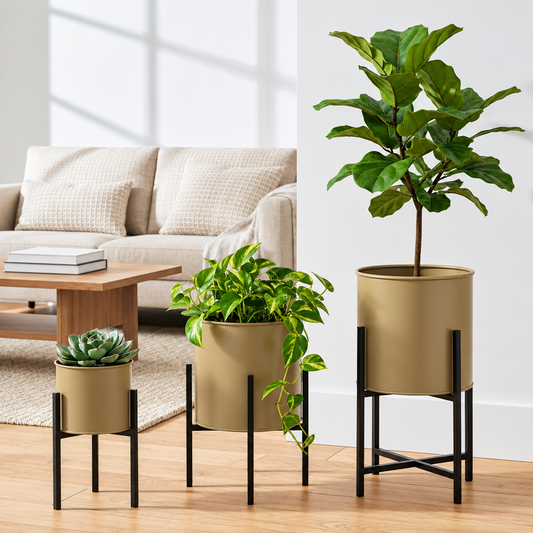 Set of 3 Modern Cylinder Planters on Tiered Metal Stands