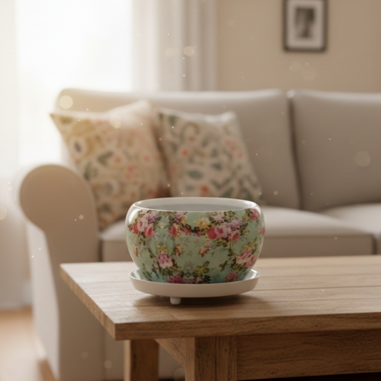 Floral-patterned pot on a wooden table with a blurred living room background