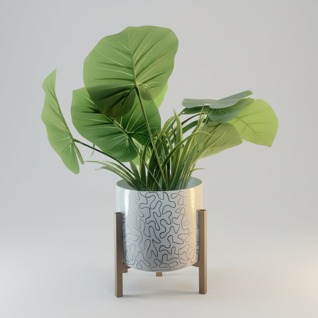 Printed Metal Pot with Wooden Stand – Multicolor Variants