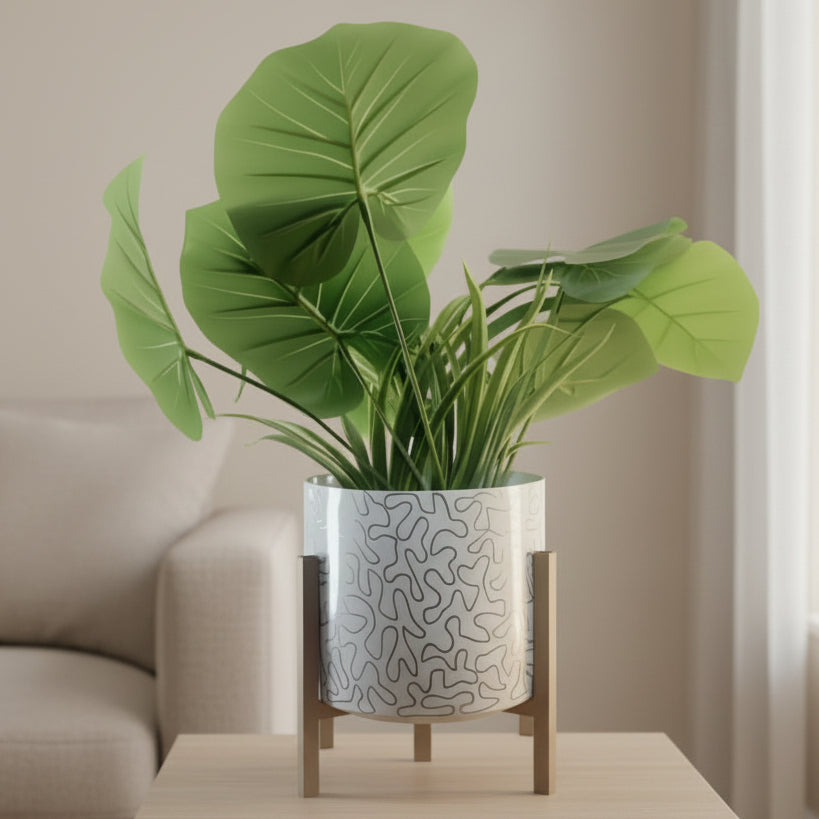 Printed Metal Pot with Wooden Stand – Multicolor Variants