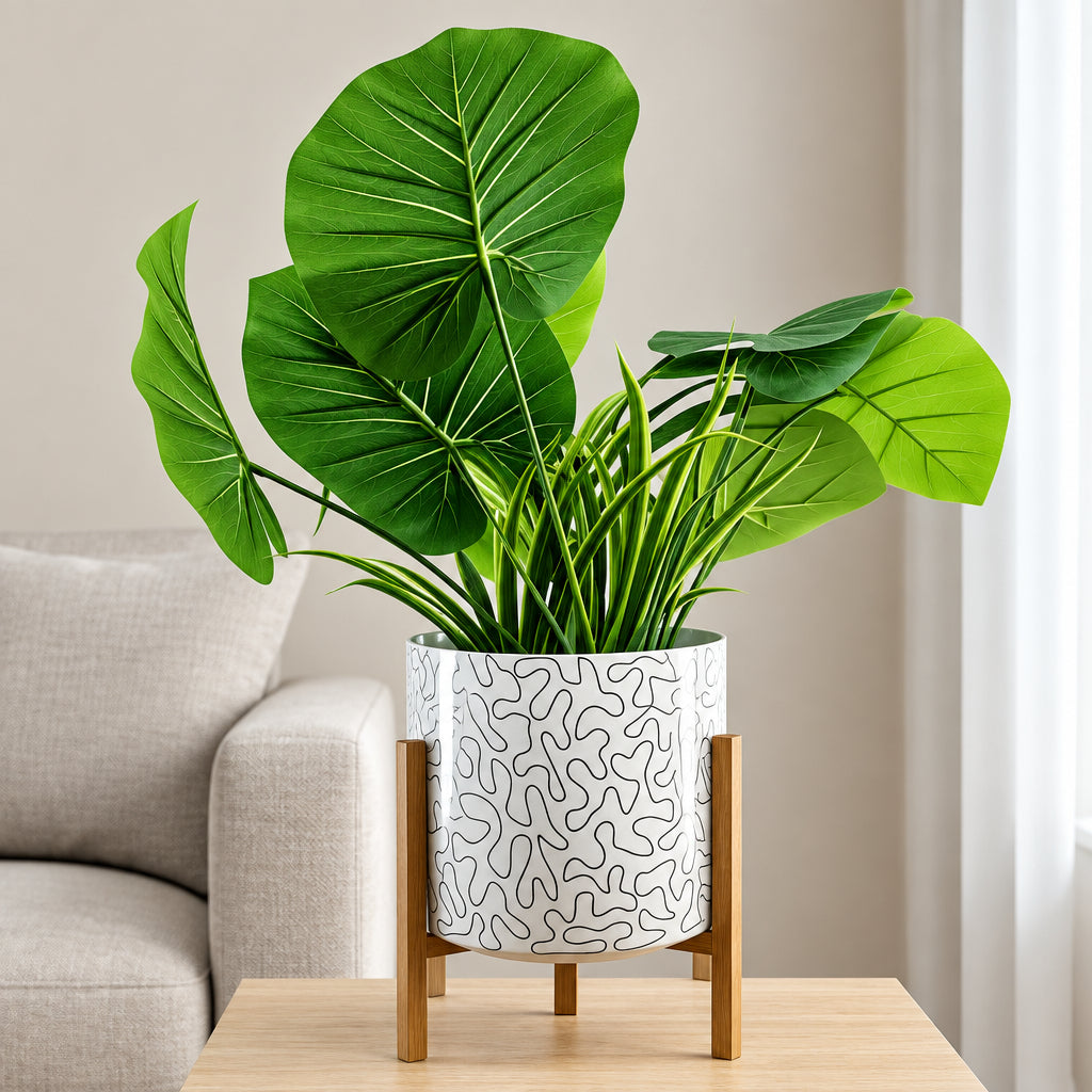 Printed Metal Pot with Wooden Stand – Multicolor Variants