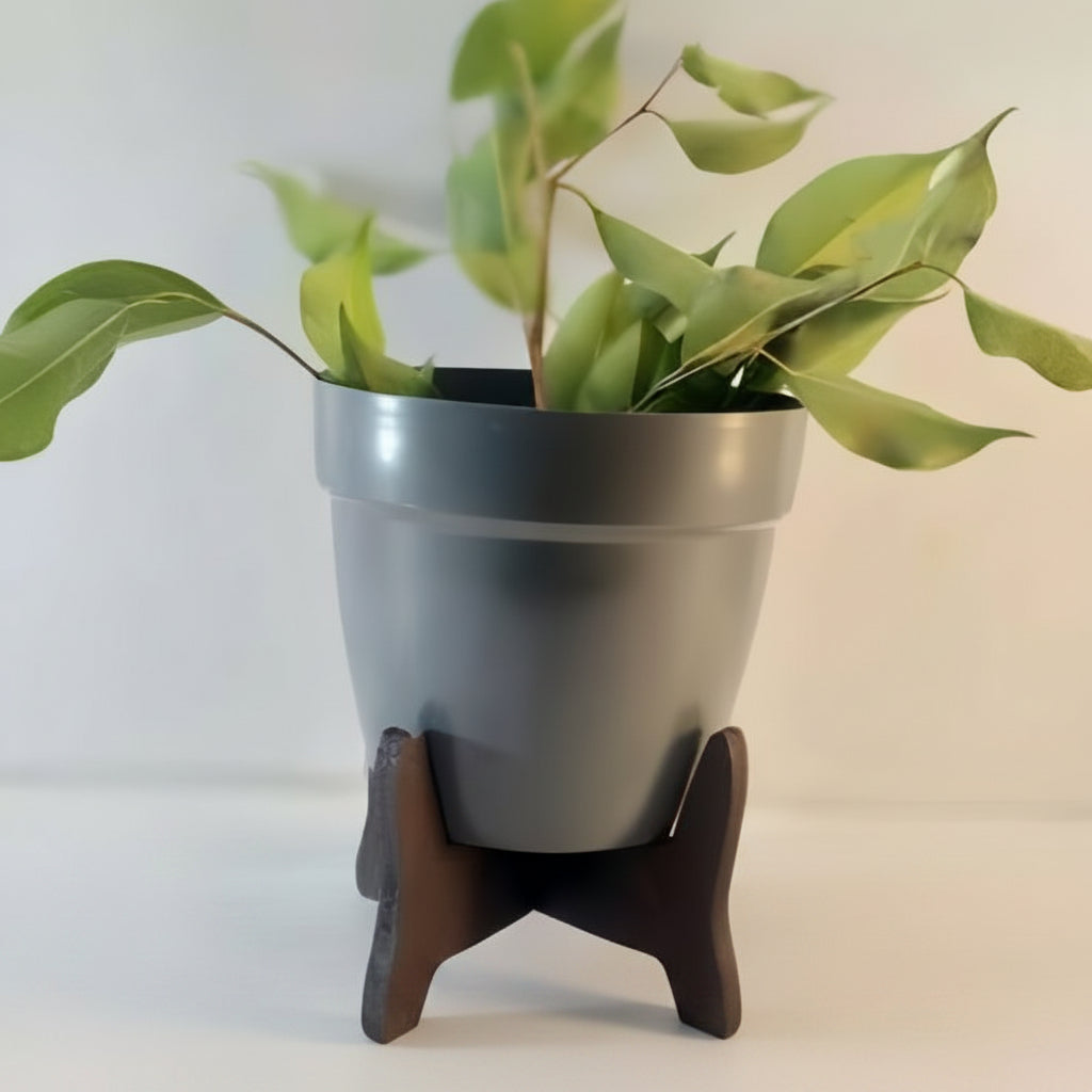 Decorative Metal Pot with Minimalist Wooden Stand