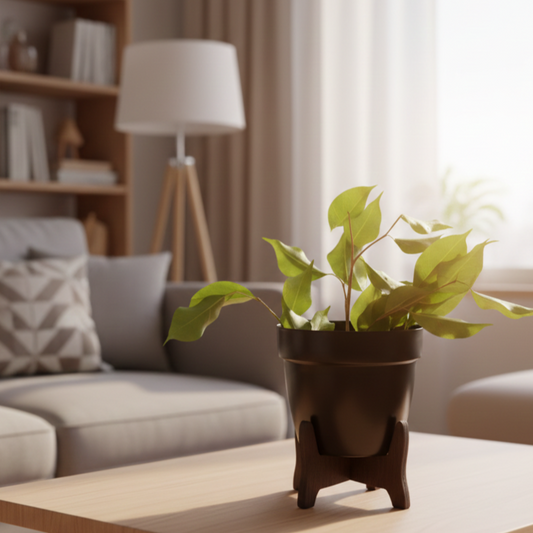 Potted plant on a table in a living room with a couch and lamp in the background