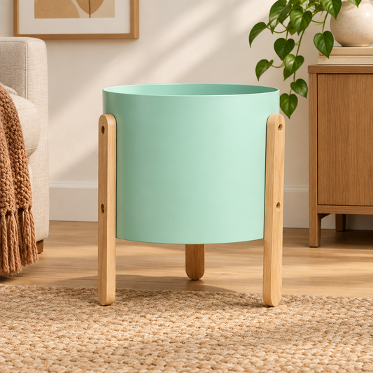 Round Planter with Wooden Stand