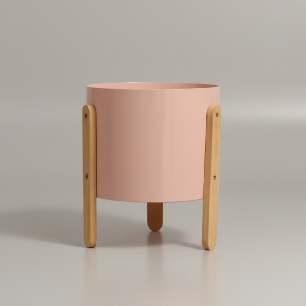 Round Planter with Wooden Stand