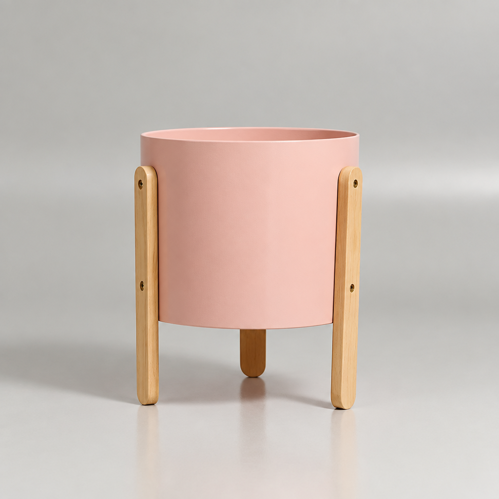 Round Planter with Wooden Stand