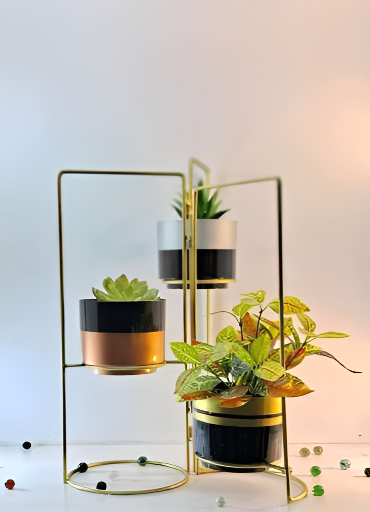 3-Tier Geometric Planter Stand with Gold Frame