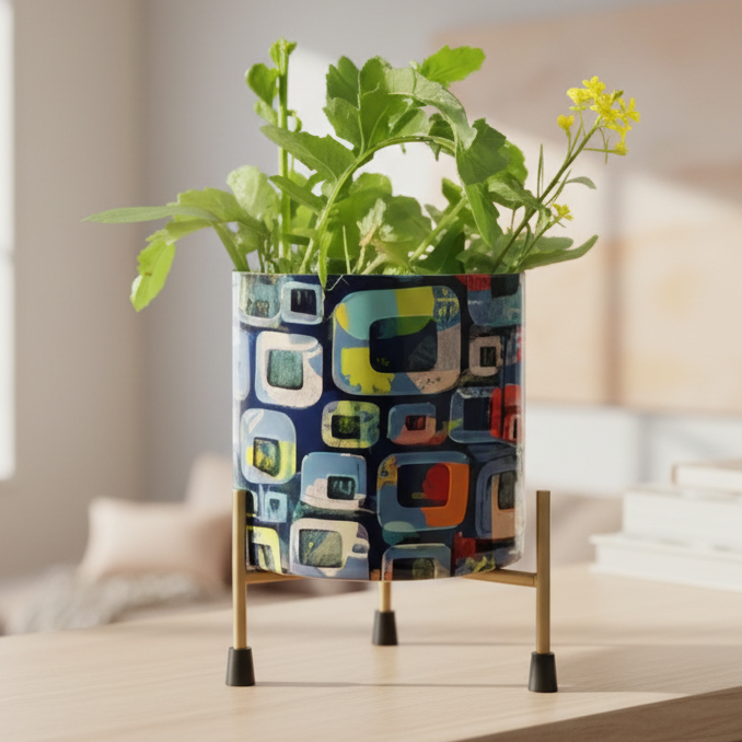 Decorative Printed Metal Planter with Stand