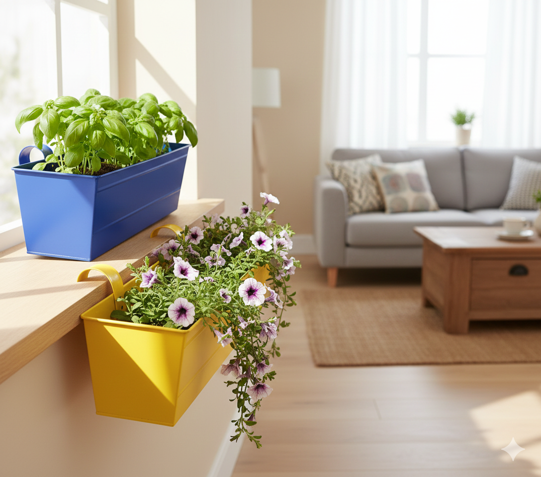 Living room with plants in colorful containers on a windowsill