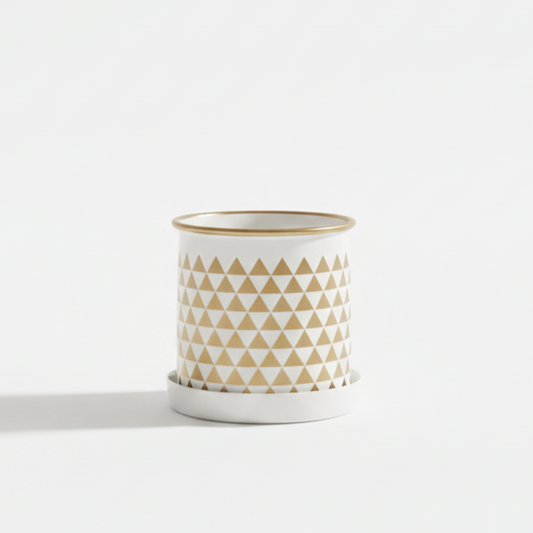 Ceramic mug with geometric pattern on a white background
