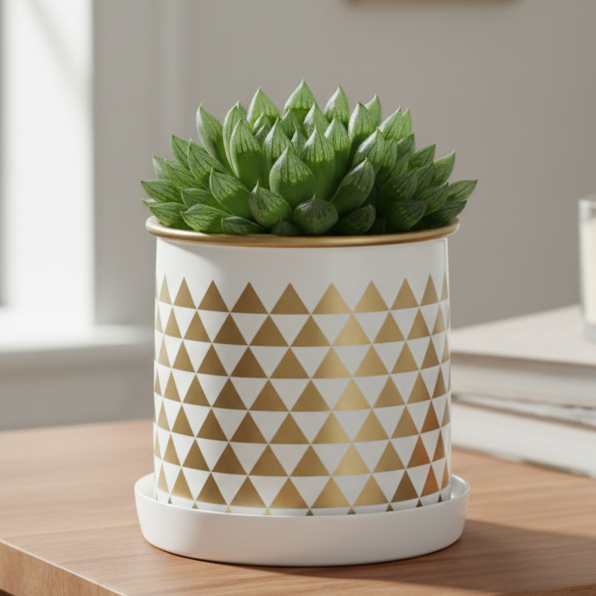 Ceramic mug with geometric pattern on a white background