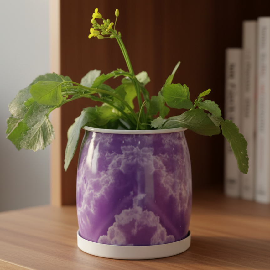 Assorted Marble-Effect Printed Metal Planters with Base Plate