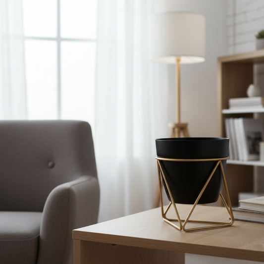Black planter on a gold stand on a wooden table in a living room.