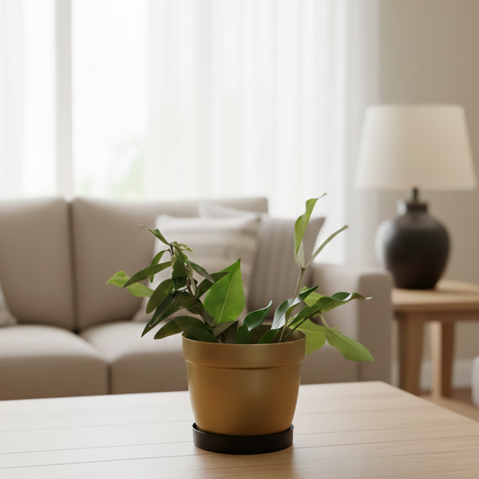 Potted plant on a table in a living room with a couch and lamp in the background