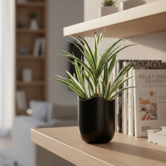 Potted plant on a wooden shelf with a blurred background