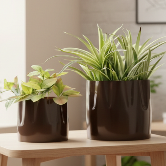 Glossy Cylindrical Metal Planter Set