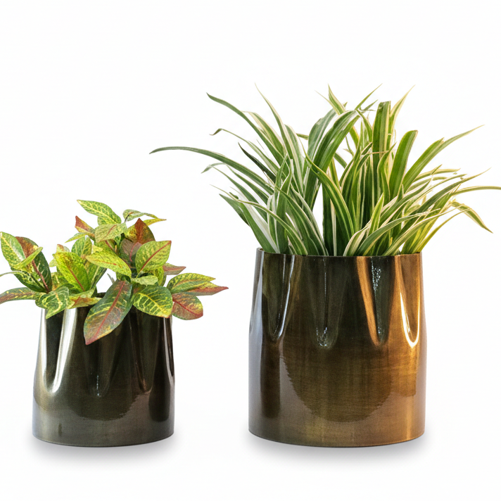 Glossy Cylindrical Metal Planter Set