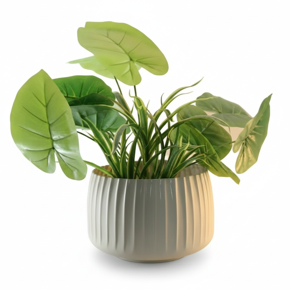 Wide Ribbed Metal Planter with Raised Base – Oval Shape