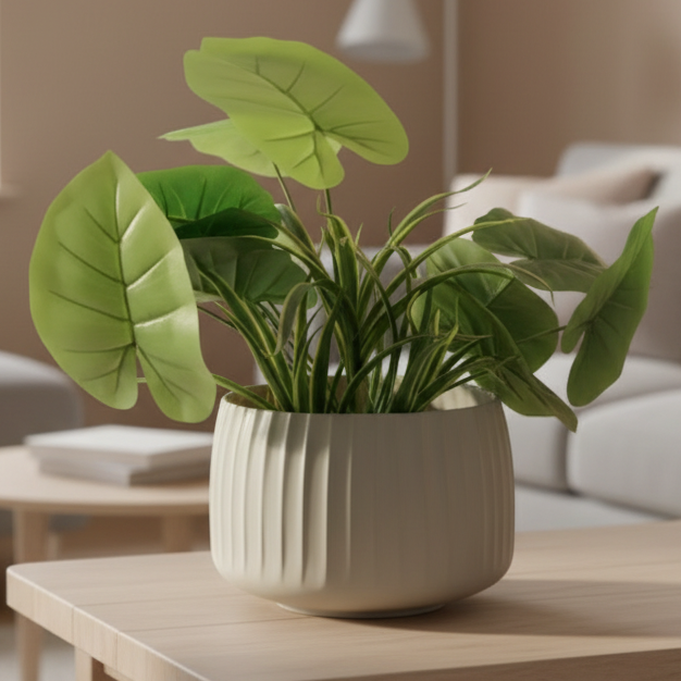 Wide Ribbed Metal Planter with Raised Base – Oval Shape