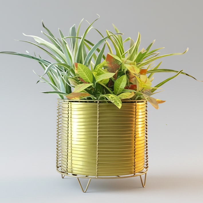 Horizontal Ribbed Metal Pot with Stand