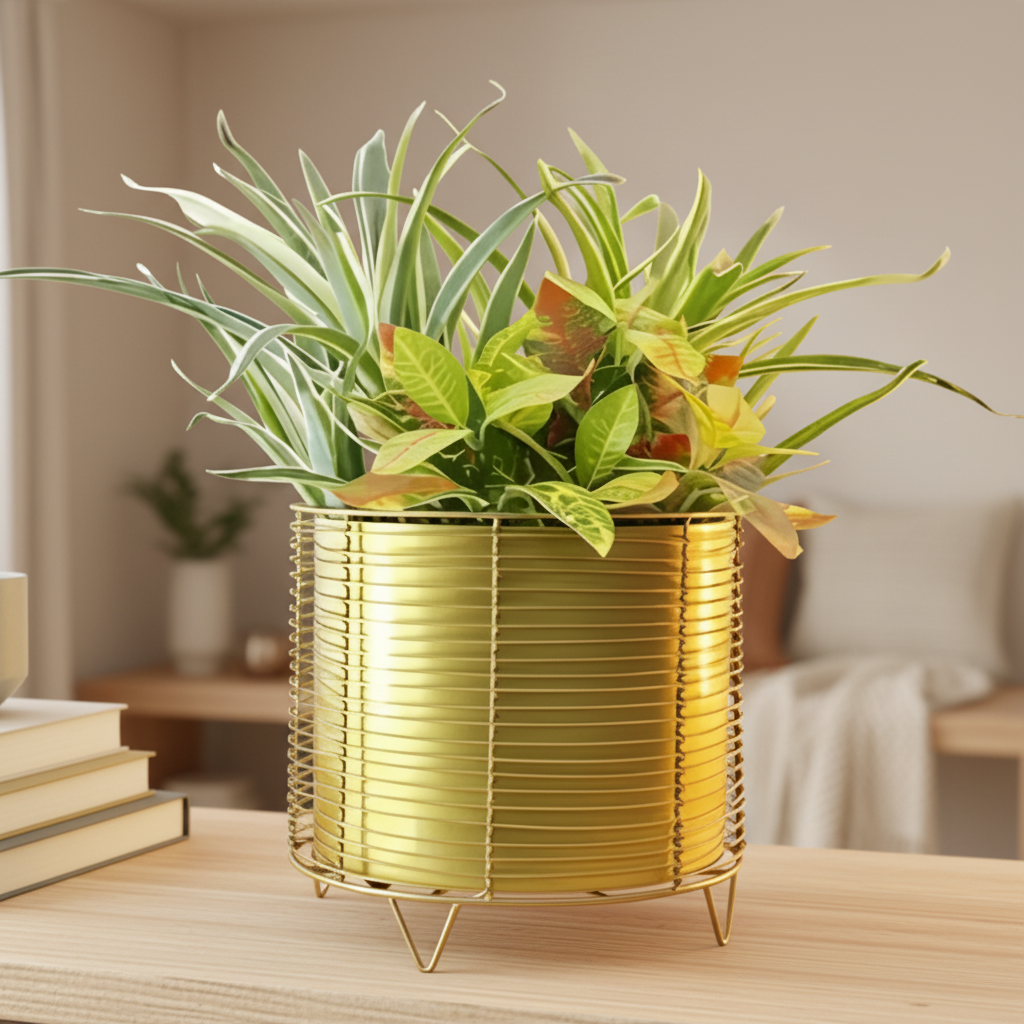 Horizontal Ribbed Metal Pot with Stand