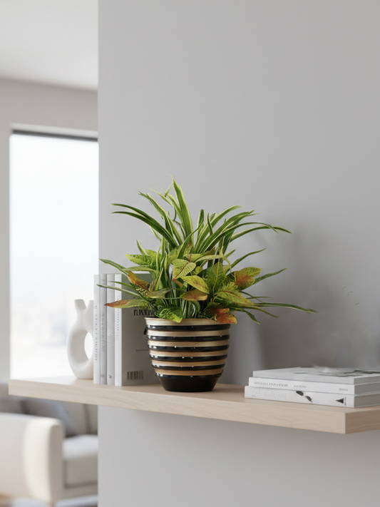 Striped Round Metal Planter – Glossy Finish