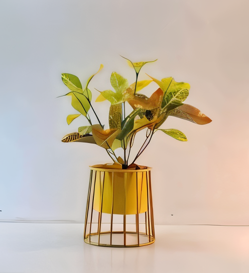 Caged Base Metal Planter – Cylinder Pot with Open Wire Stand