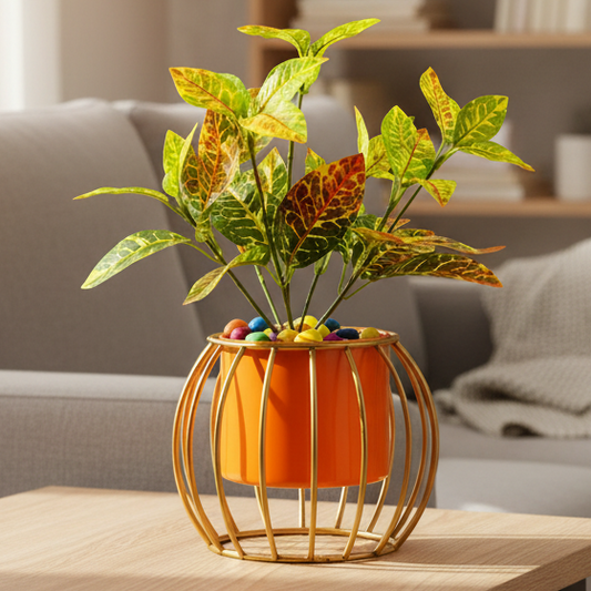 Caged Round Base Metal Cylinder Planter with Stand