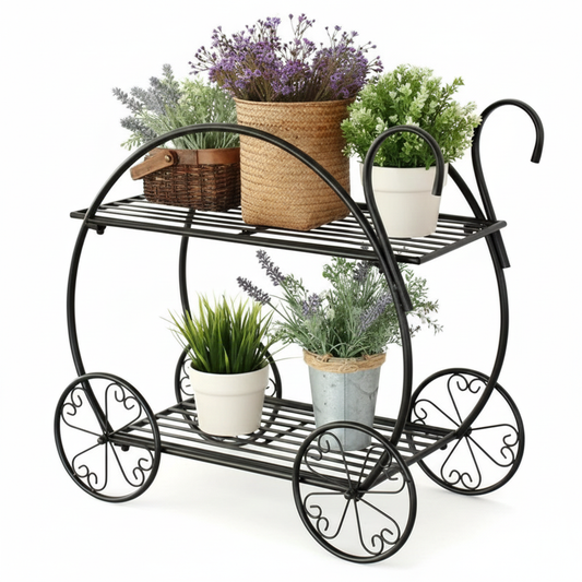Iron Trolley-Style 2-Tier Planter Stand – Vintage Rolling Display Rack