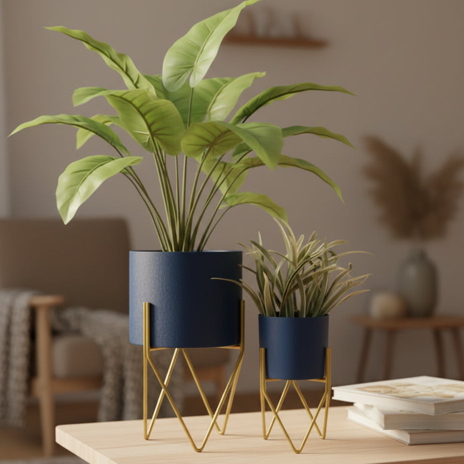 Metal Planter Set with Gold Stand – Set of 2