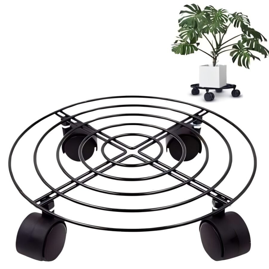 Round Metal Plant Stand with Wheels – Black Finish
