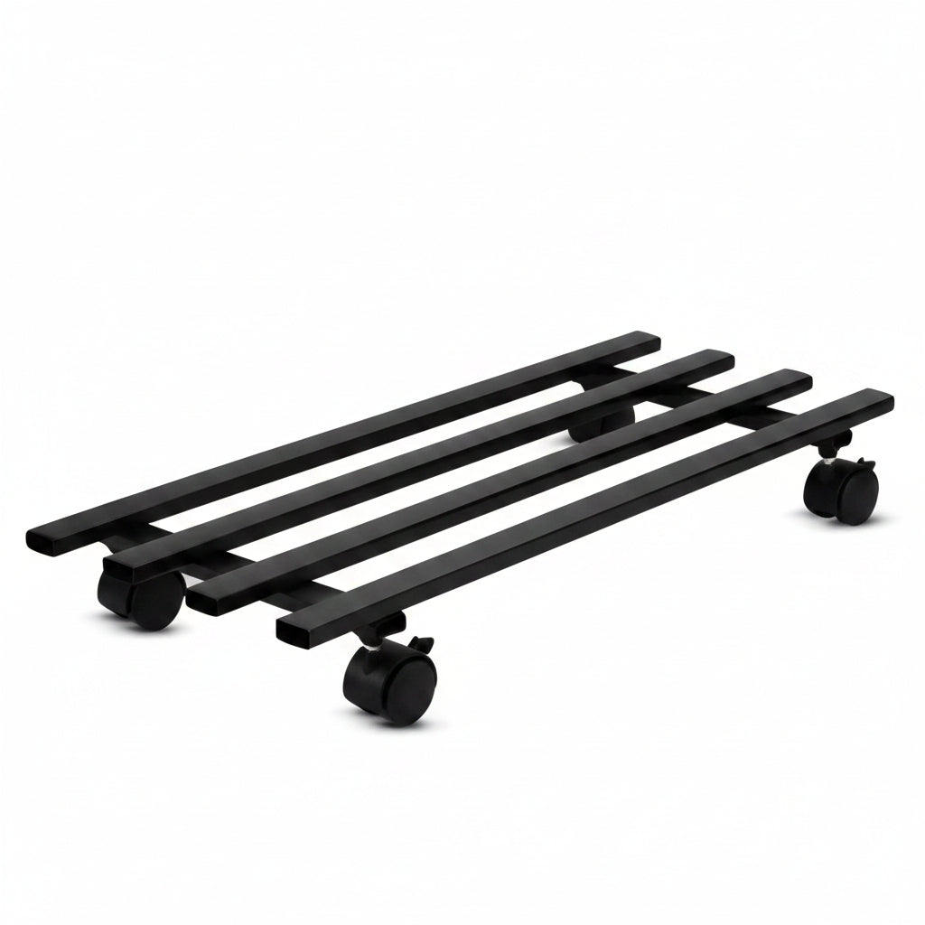 Two black metal dollies with wheels on a white background