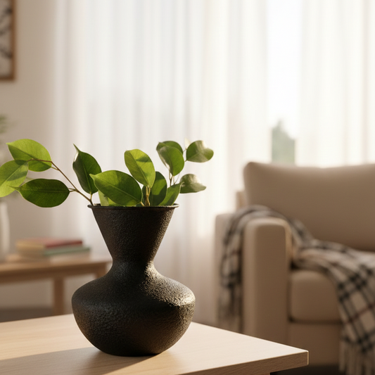 Black vase with green leaves on a table in a living room