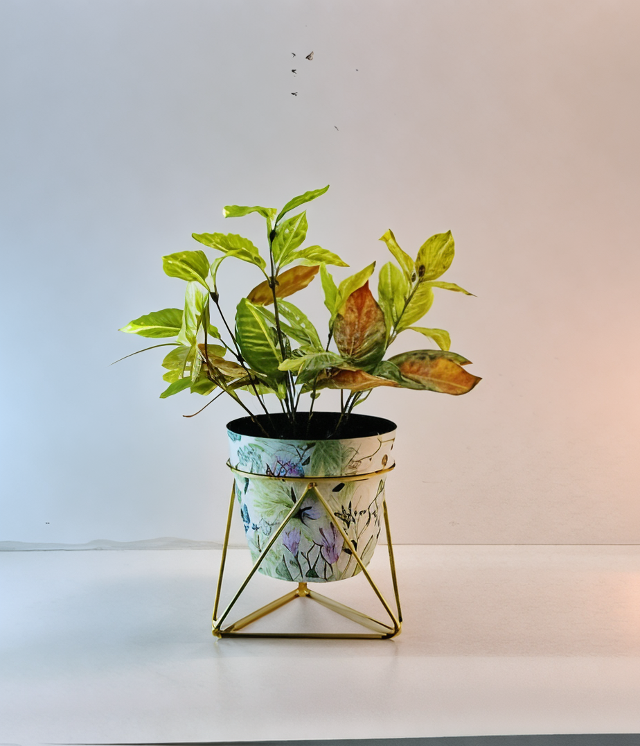 Printed Cone-Shaped Metal Planter with Triangular Stand