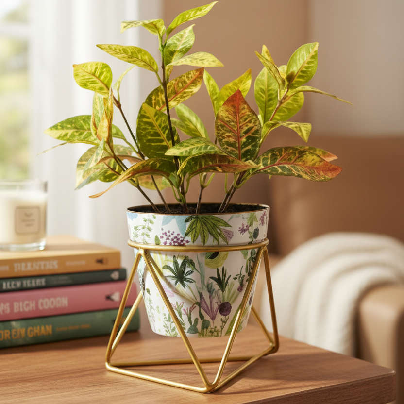 Printed Cone-Shaped Metal Planter with Triangular Stand