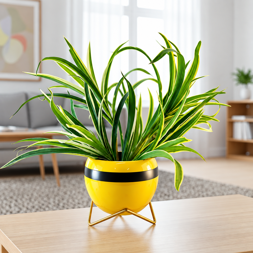 Potted plant in a yellow pot on a table with a blurred indoor background